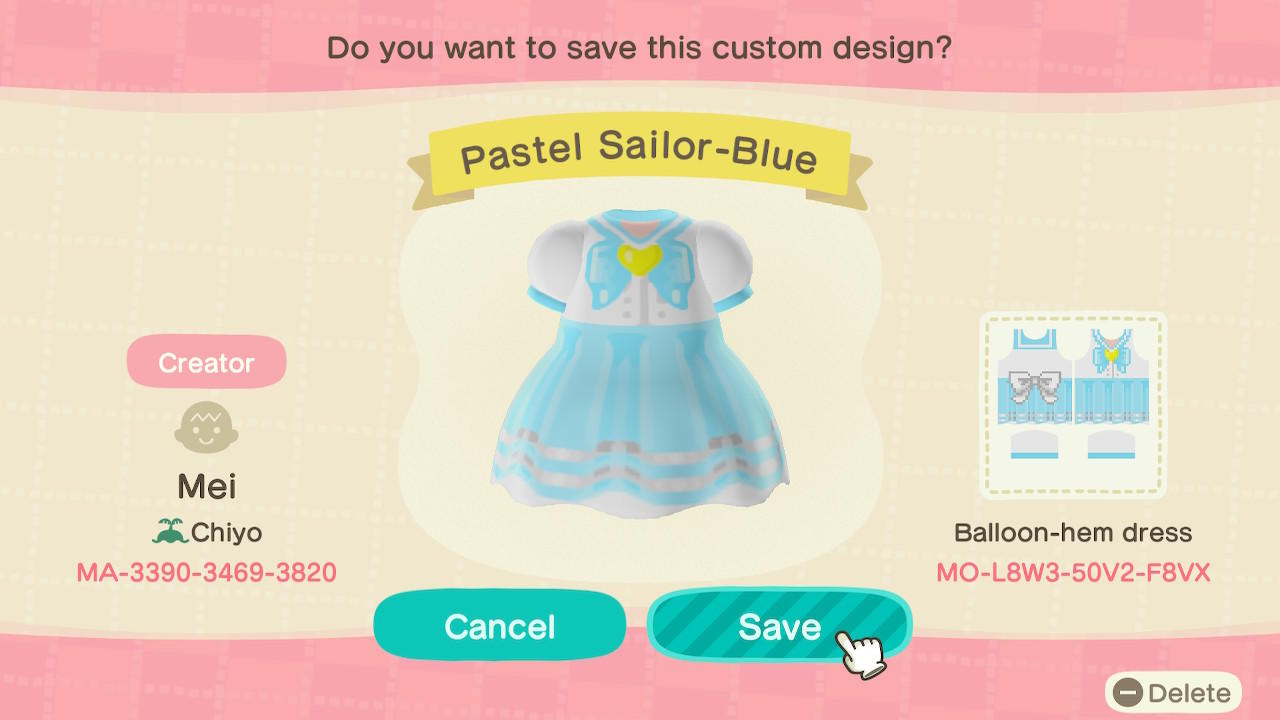 Animal Crossing Design Code: MO-L8W3-50V2-F8VX Pastel Sailor-Blue