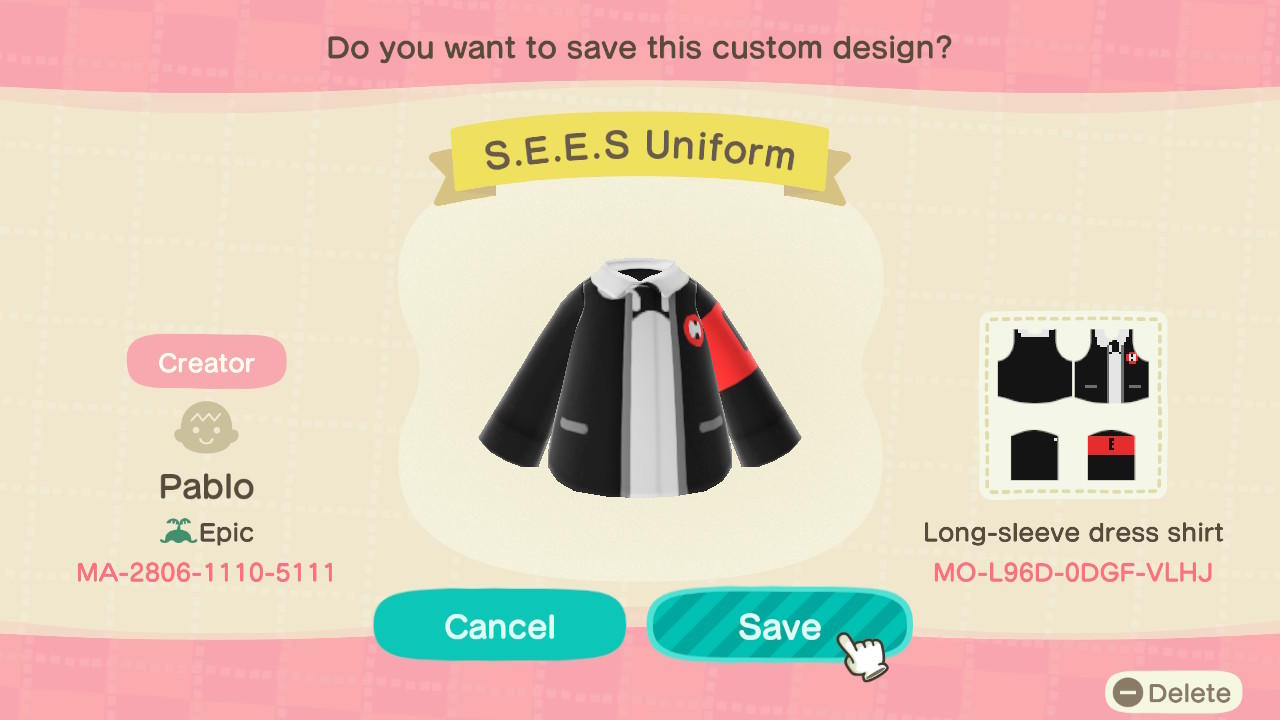 Animal Crossing Design Code: MO-L96D-0DGF-VLHJ Persona 3 SEES