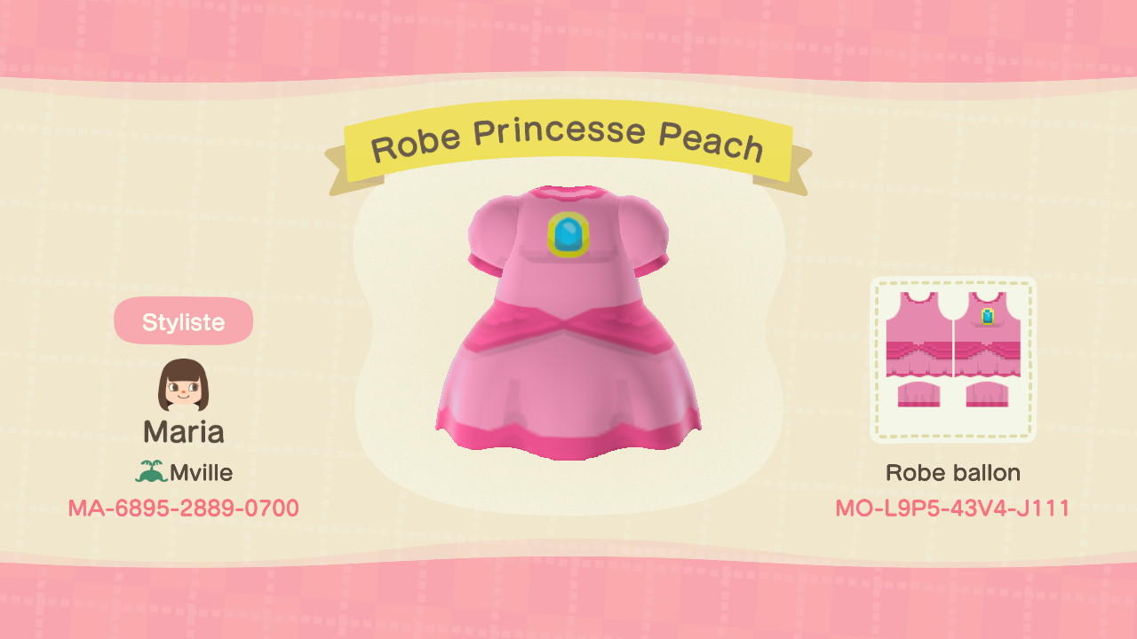 Animal Crossing Design Code: MO-L9P5-43V4-J111 Robe Princesse Peach