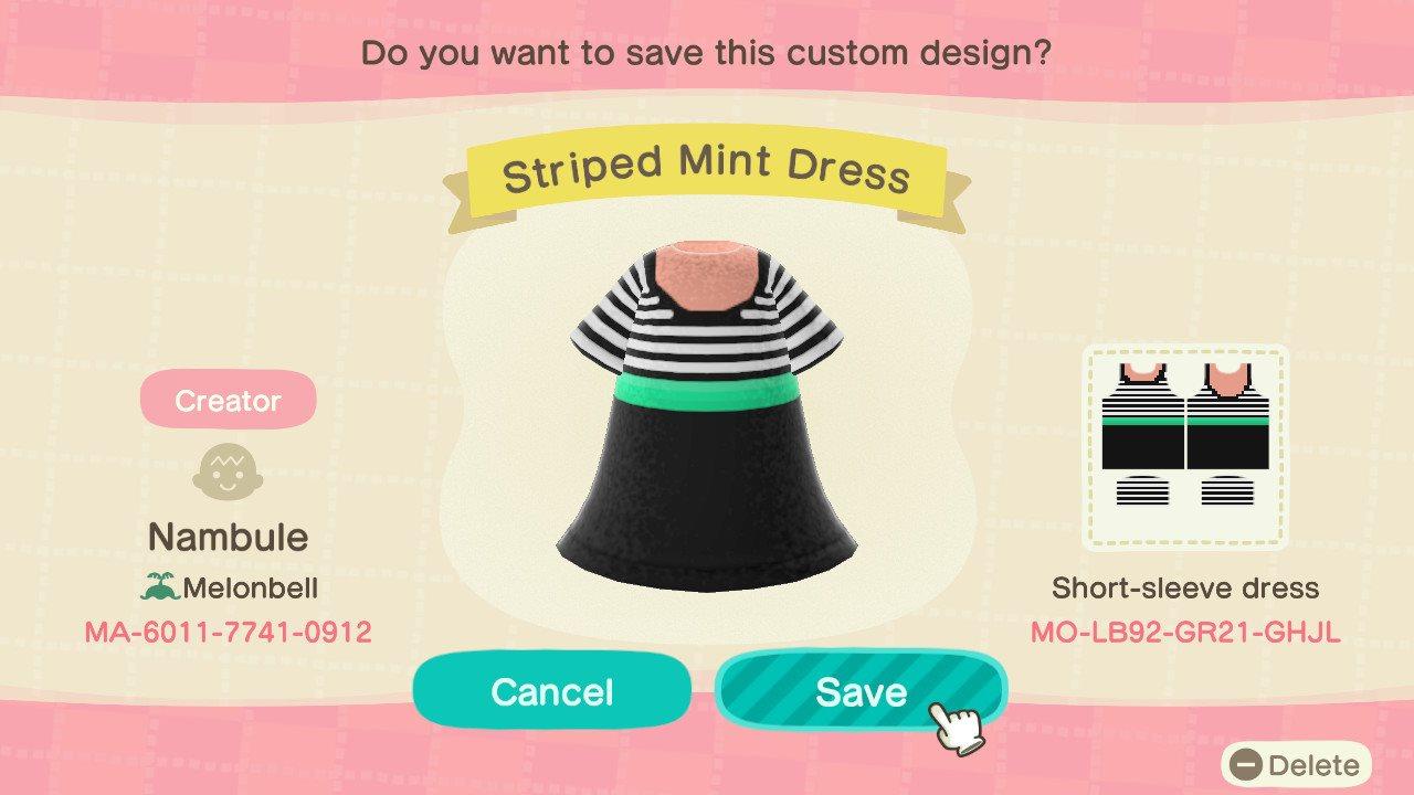 Animal Crossing Design Code: MO-LB92-GR21-GHJL Striped Mint Dress