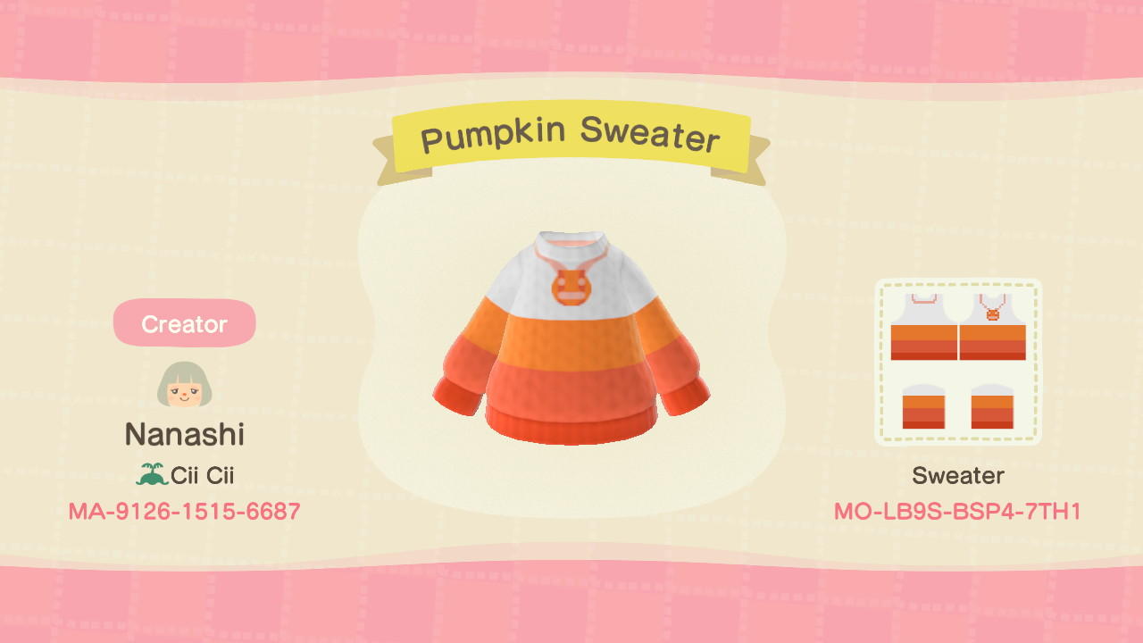 Animal Crossing Design Code: MO-LB9S-BSP4-7TH1 Pumpkin Sweater