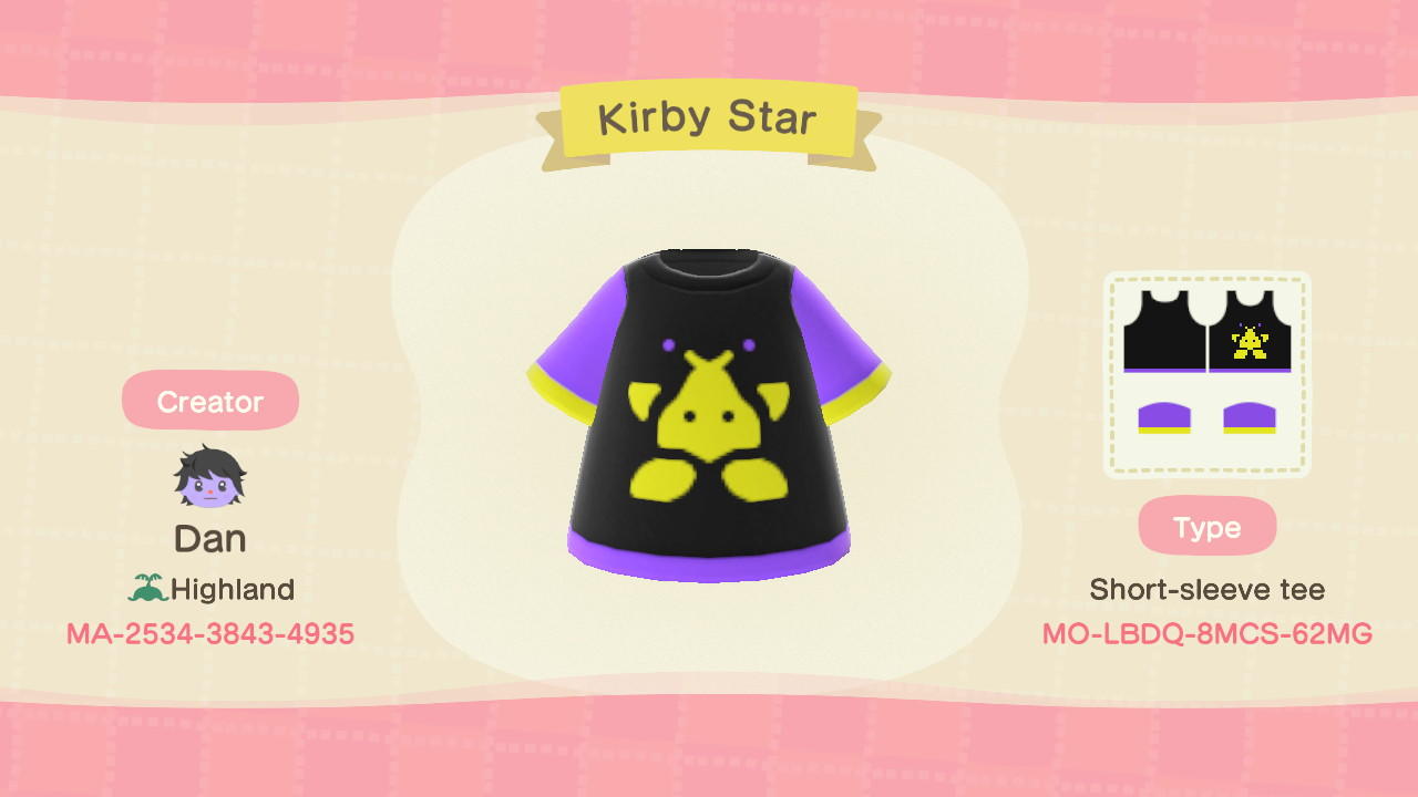 Animal Crossing Design Code: MO-LBDQ-8MCS-62MG Kirby Tee