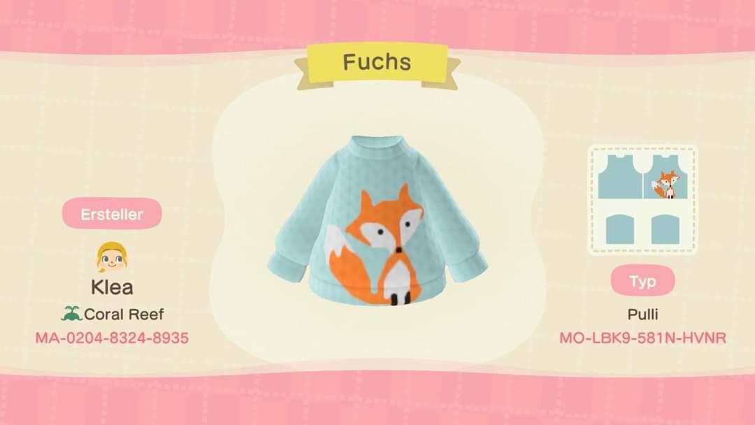 Animal Crossing Design Code: MO-LBK9-581N-HVNR Fox Sweater