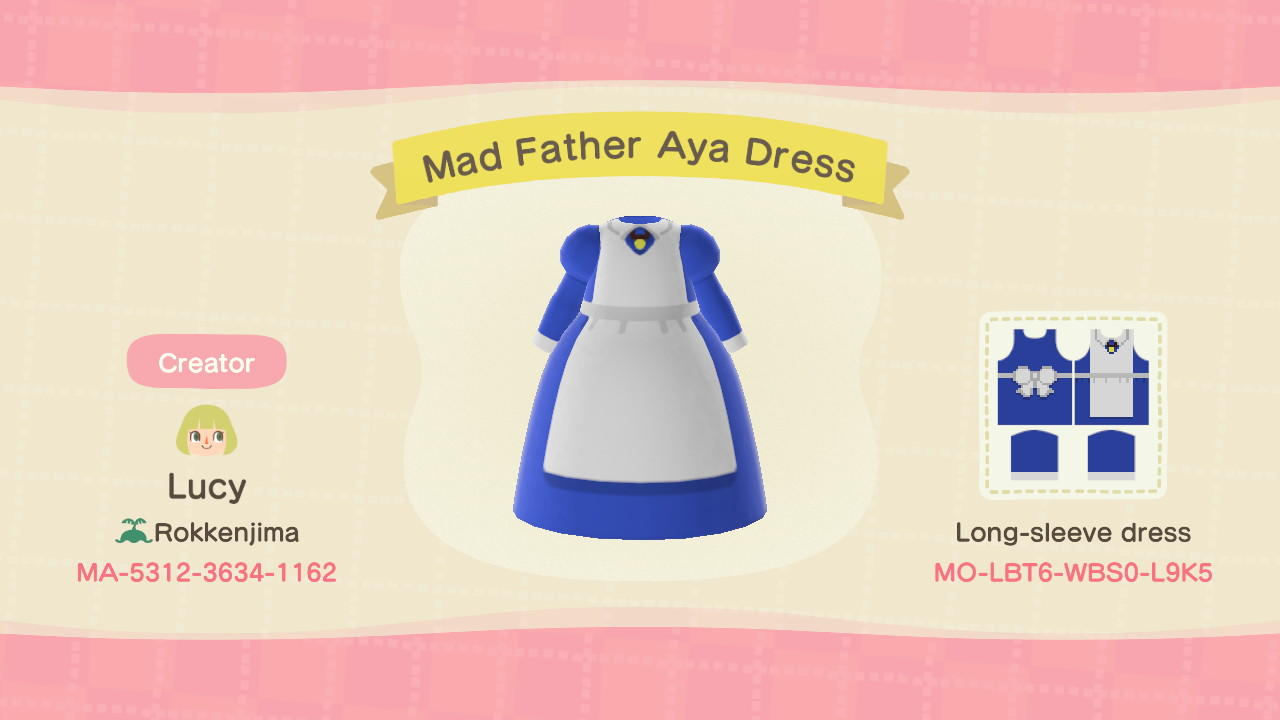 Animal Crossing Design Code: MO-LBT6-WBS0-L9K5 Mad Father Aya Dress