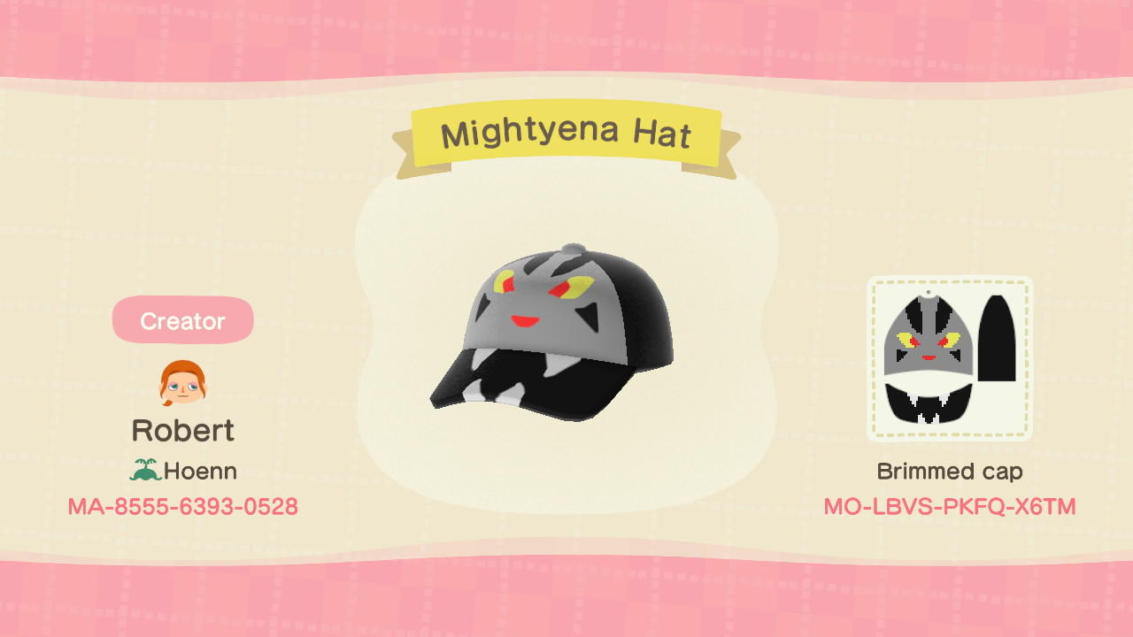 Animal Crossing Design Code: MO-LBVS-PKFQ-X6TM Mightena Hat