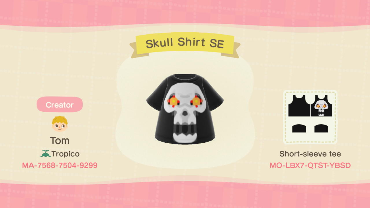 Animal Crossing Design Code: MO-LBX7-QTST-YBSD Skull Shirt SE
