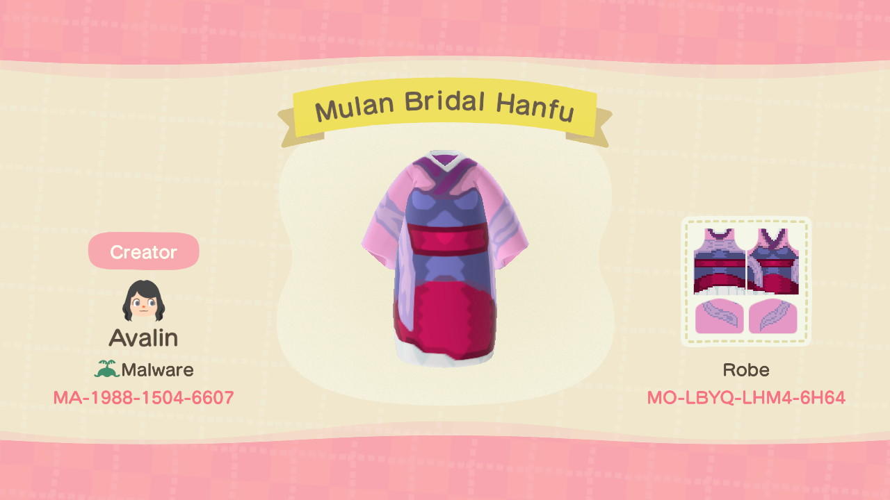Animal Crossing Design Code: MO-LBYQ-LHM4-6H64 Mulan Bridal Hanfu