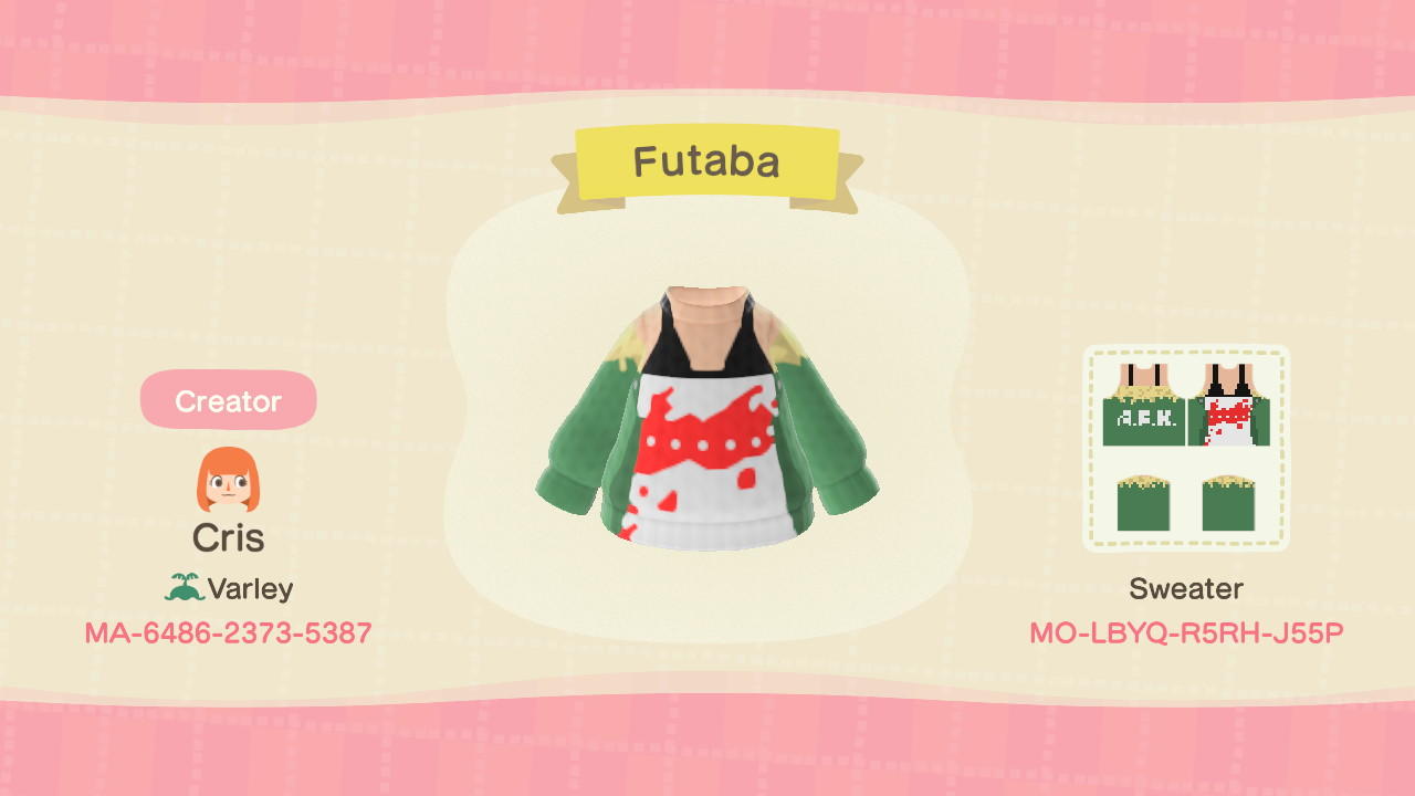 Animal Crossing Design Code: MO-LBYQ-R5RH-J55P Futaba p5