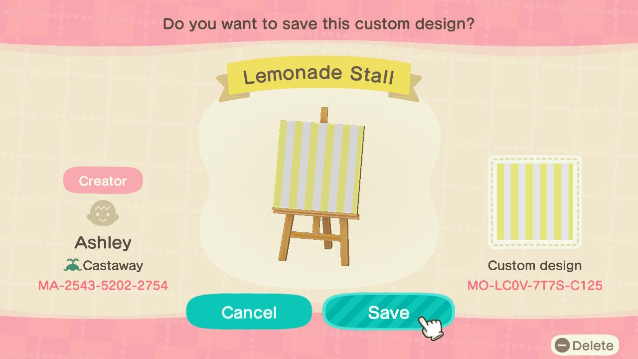 Animal Crossing Design Code: MO-LC0V-7T7S-C125 Lemonade Stall