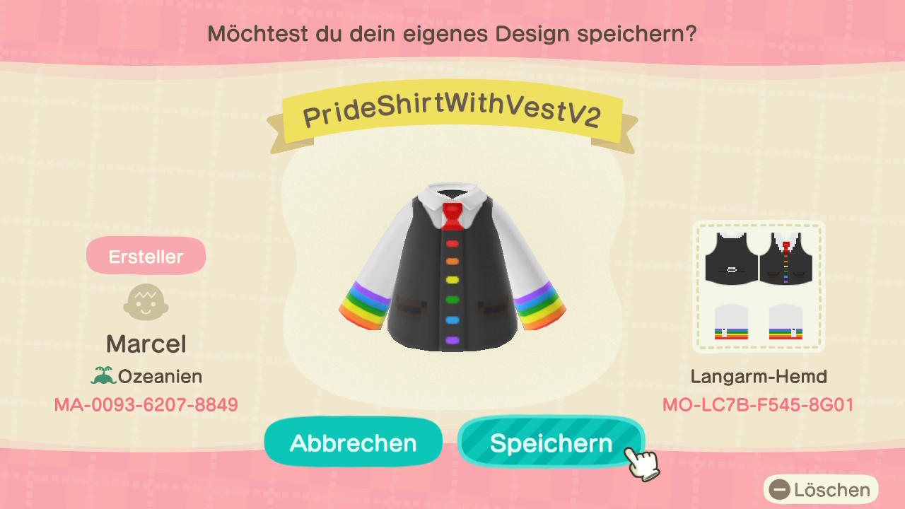 Animal Crossing Design Code: MO-LC7B-F545-8G01 PrideShirtWithVestV2