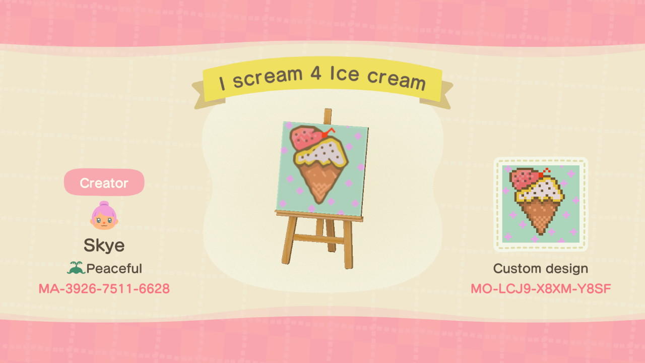 Animal Crossing Design Code: MO-LCJ9-X8XM-Y8SF I scream 4 ice cream