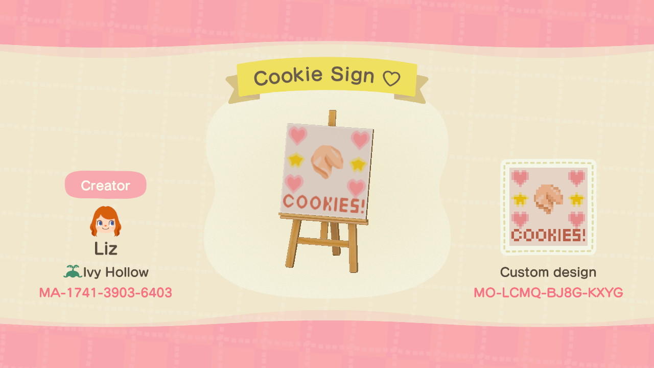 Animal Crossing Design Code: MO-LCMQ-BJ8G-KXYG Cookie Sign â¤