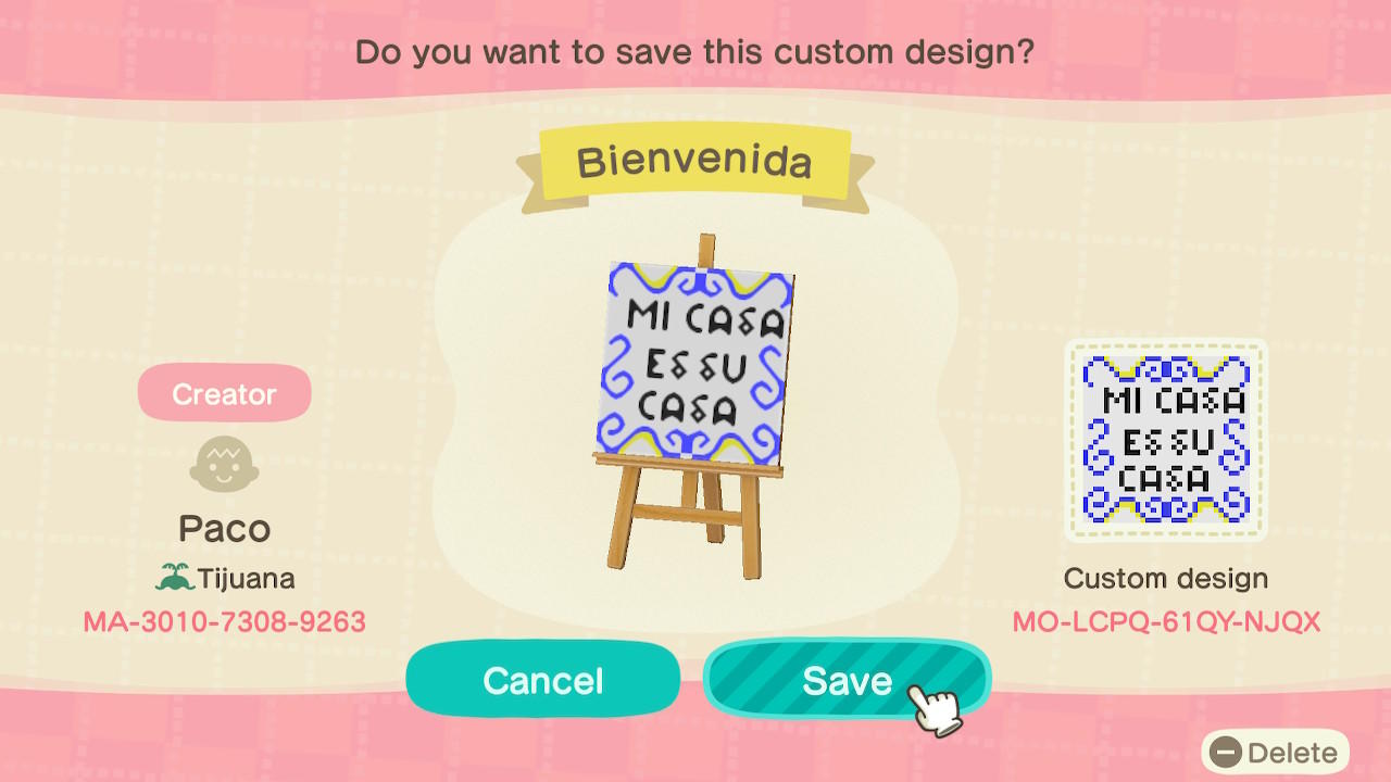 Animal Crossing Design Code: MO-LCPQ-61QY-NJQJ Mi casa es su casa