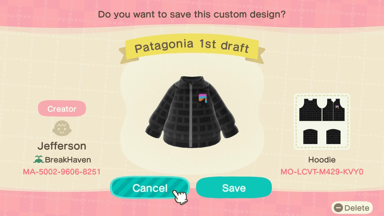 Animal Crossing Design Code: MO-LCVT-M429-KVY0 Patagonia Hooded