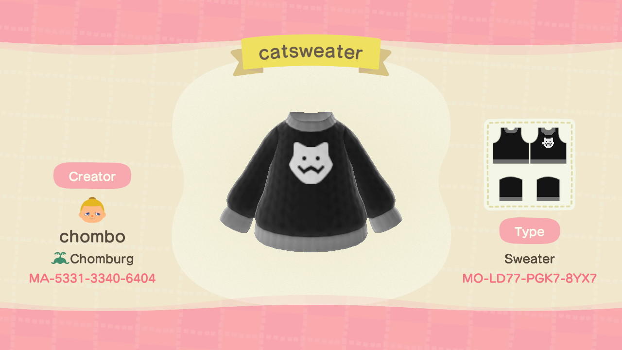 Animal Crossing Design Code: MO-LD77-PGK7-8YX7 Cat Sweater