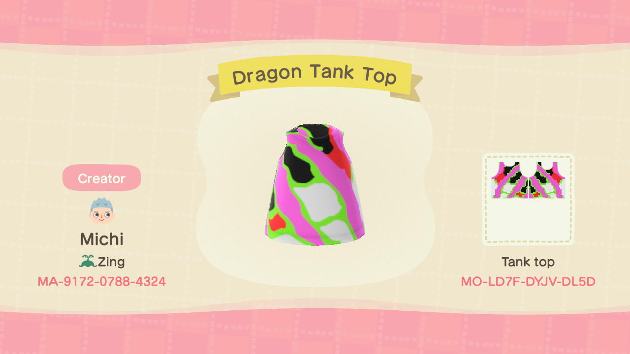Animal Crossing Design Code: MO-LD7F-DYJV-DL5D Dragon Tank Top