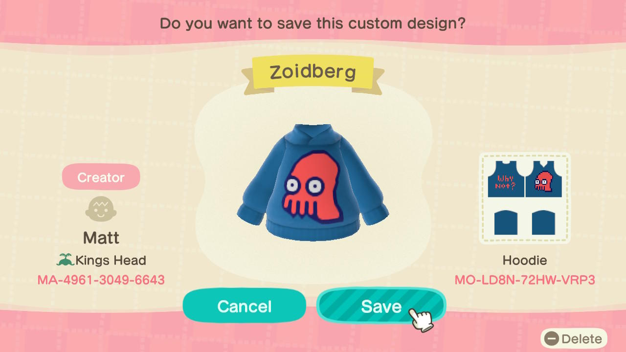 Animal Crossing Design Code: MO-LD8N-72HW-VRP3 Zoidberg