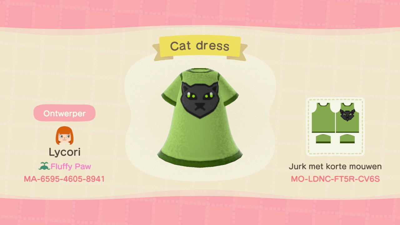 Animal Crossing Design Code: MO-LDNC-FT5R-CV6S Cat dress