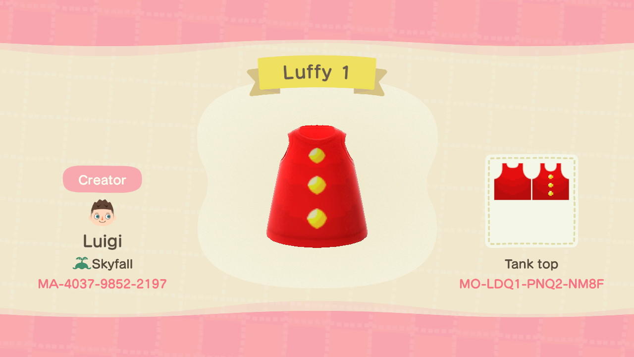 Animal Crossing Design Code: MO-LDQ1-PNQ2-NM8F Luffy 1