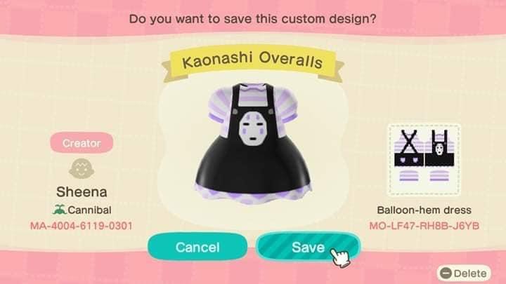 Animal Crossing Design Code: MO-LF47-RH8B-J6YB Kaonashi Overalls