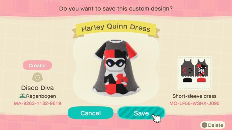 Animal Crossing Design Code: MO-LF56-WSRX-J095 Harley Quinn Dress