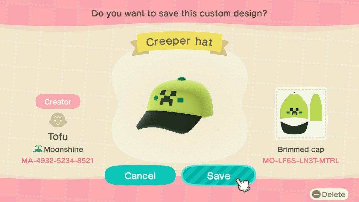 Animal Crossing Design Code: MO-LF6S-LN3T-MTRL Creeper hat