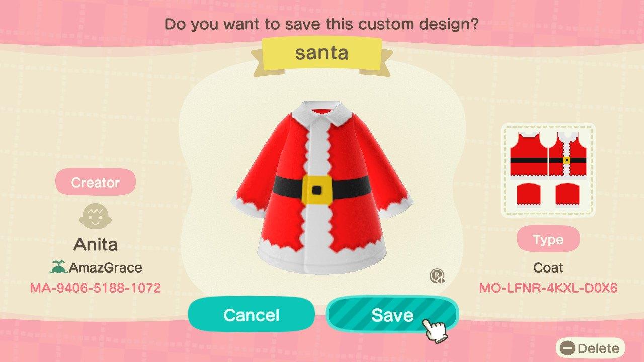 Animal Crossing Design Code: MO-LFNR-4KXL-D0X6 Santa coat