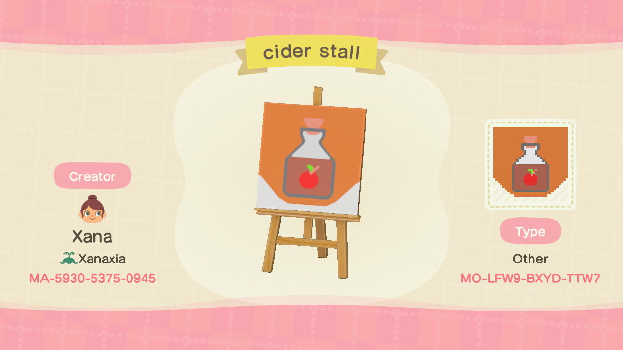 Animal Crossing Design Code: MO-LFW9-BXYD-TTW7 apple cider stall
