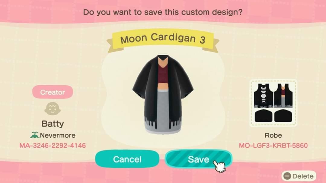 Animal Crossing Design Code: MO-LGF3-KRBT-5860 Moon Cardigan 3