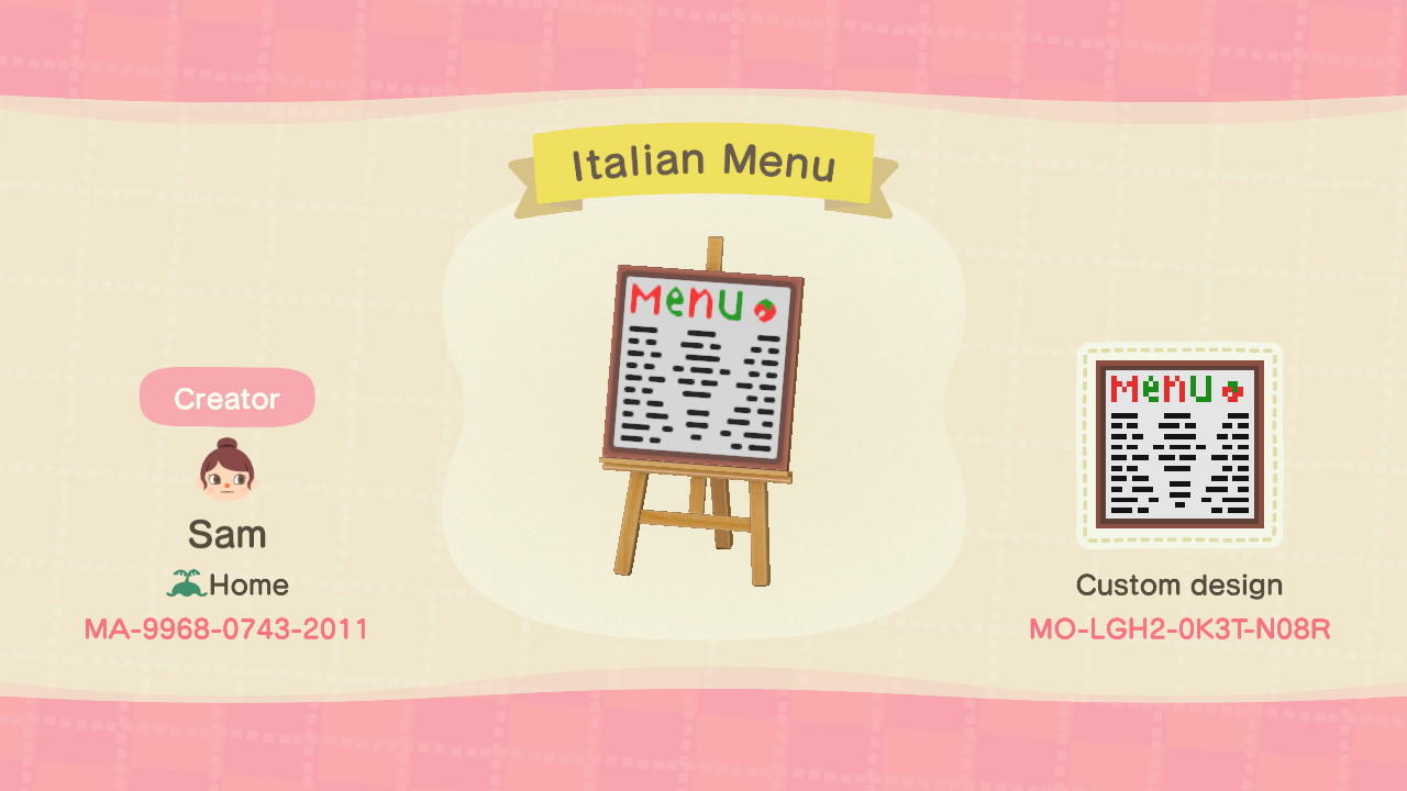 Animal Crossing Design Code: MO-LGH2-0K3T-N08R Italian Theme Menu