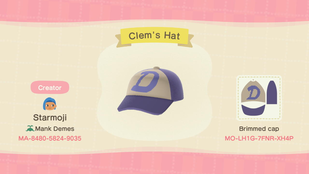 Animal Crossing Design Code: MO-LH1G-7FNR-XH4P Clem&#39;s Hat