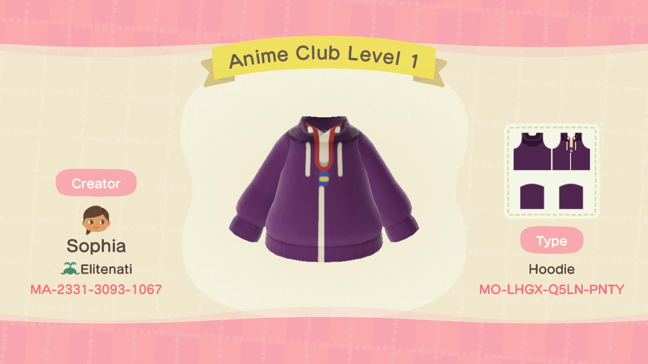 Animal Crossing Design Code: MO-LHGX-Q5LN-PNTY Anime Club Level 1