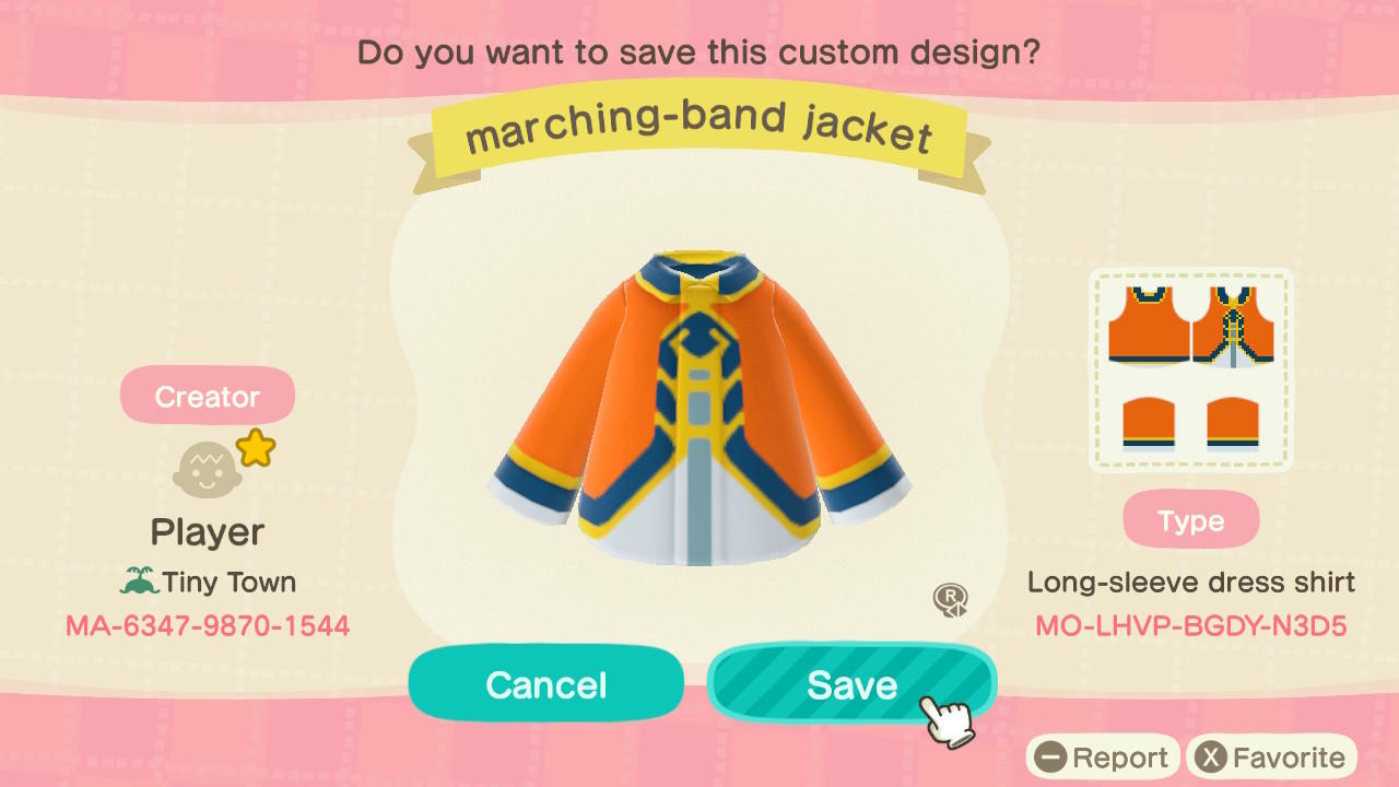 Animal Crossing Design Code: MO-LHVP-BGDY-N3D5 Marching-Band Jacket
