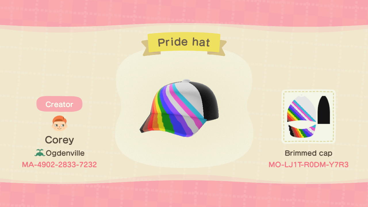 Animal Crossing Design Code: MO-LJ1T-R0DM-Y7R3 Pride Cap
