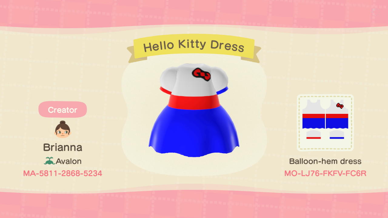 Animal Crossing Design Code: MO-LJ76-FKFV-FC6R Hello Kitty Dress