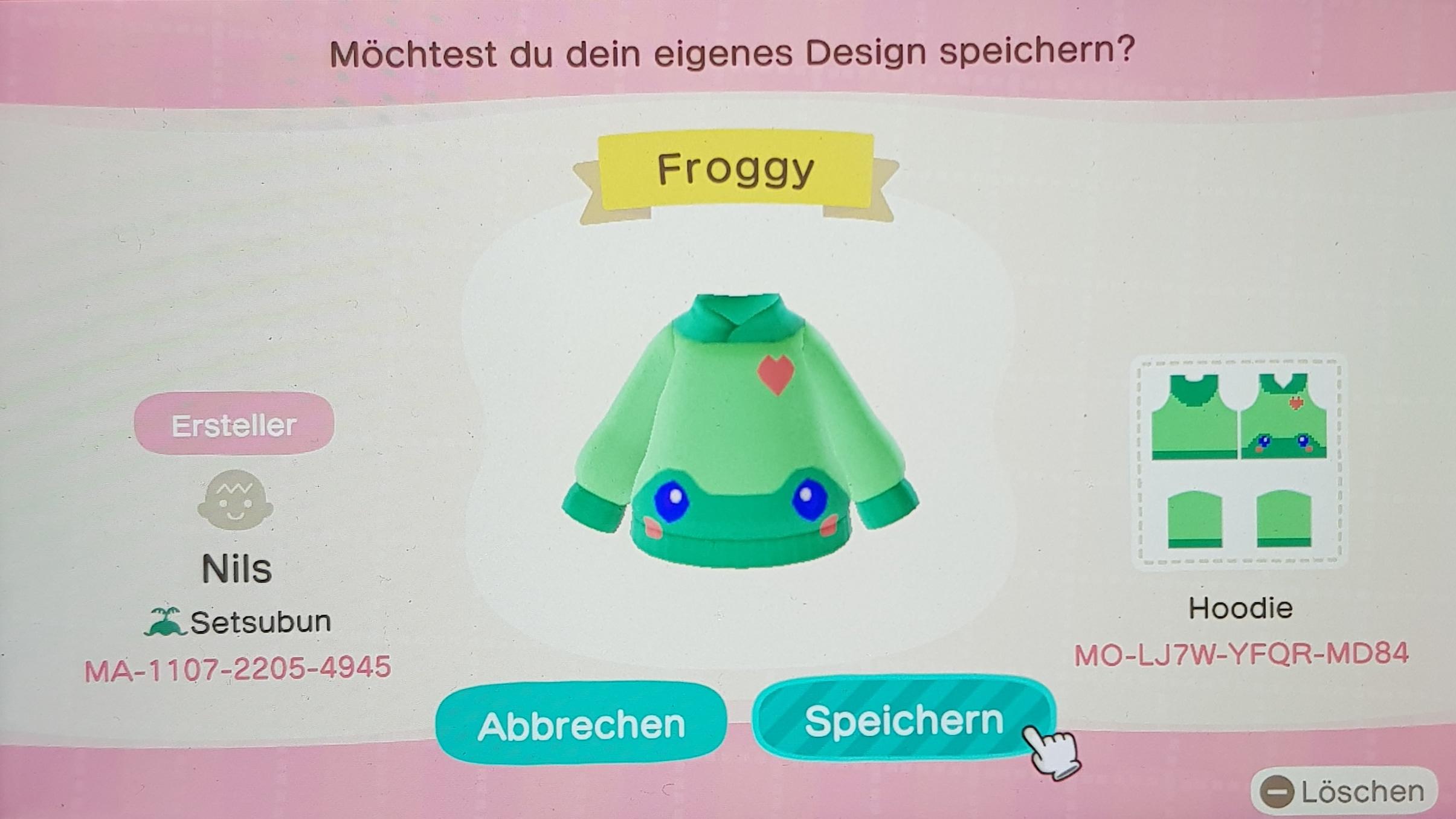 Animal Crossing Design Code: MO-LJ7W-YFQR-MD84 Froggy