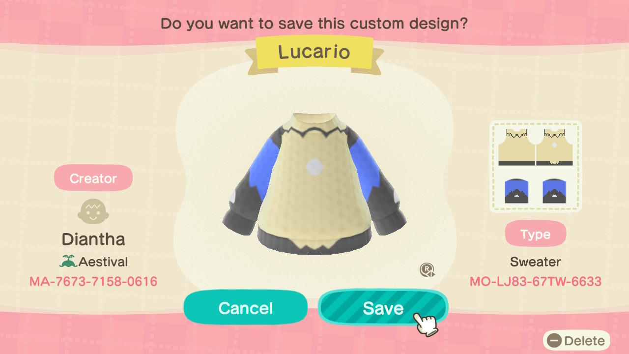 Animal Crossing Design Code: MO-LJ83-67TW-6633 Lucario Sweater
