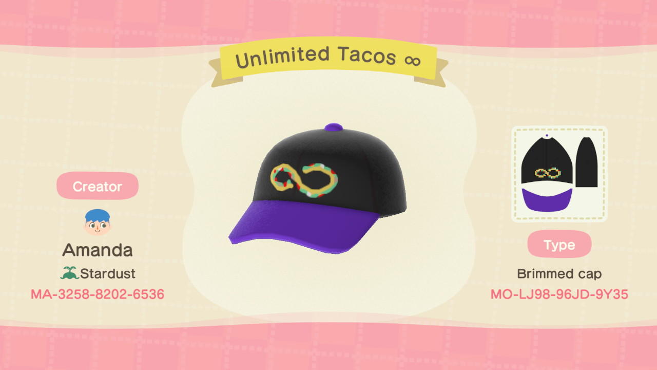Animal Crossing Design Code: MO-LJ98-96JD-9Y35 Unlimited Tacos ∞