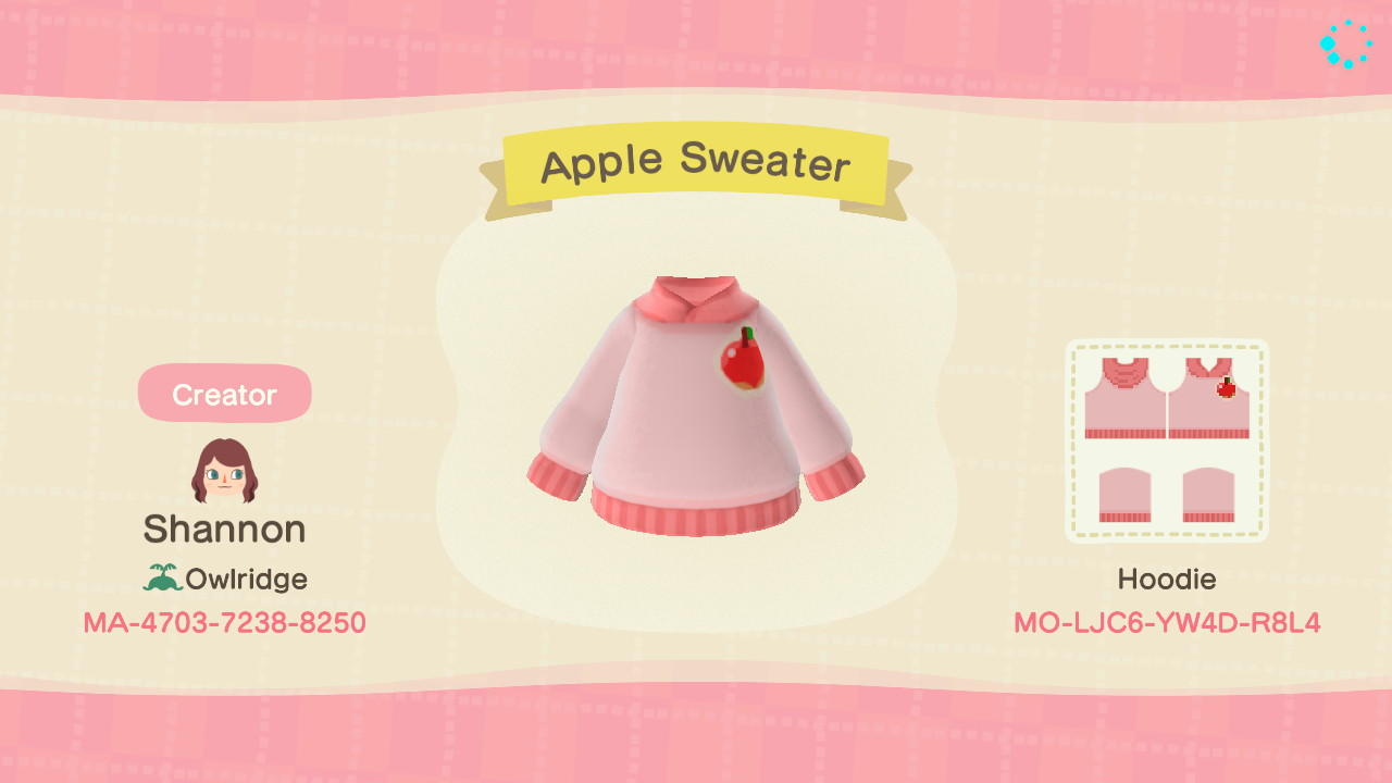 Animal Crossing Design Code: MO-LJC6-YW4D-R8L4 Apple Hoodie