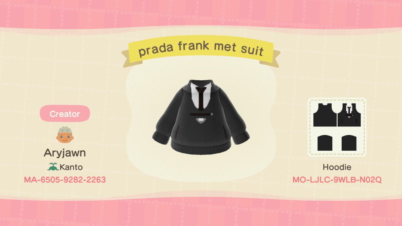 Animal Crossing Design Code: MO-LJLC-9WLB-N02Q Prada frank met suit