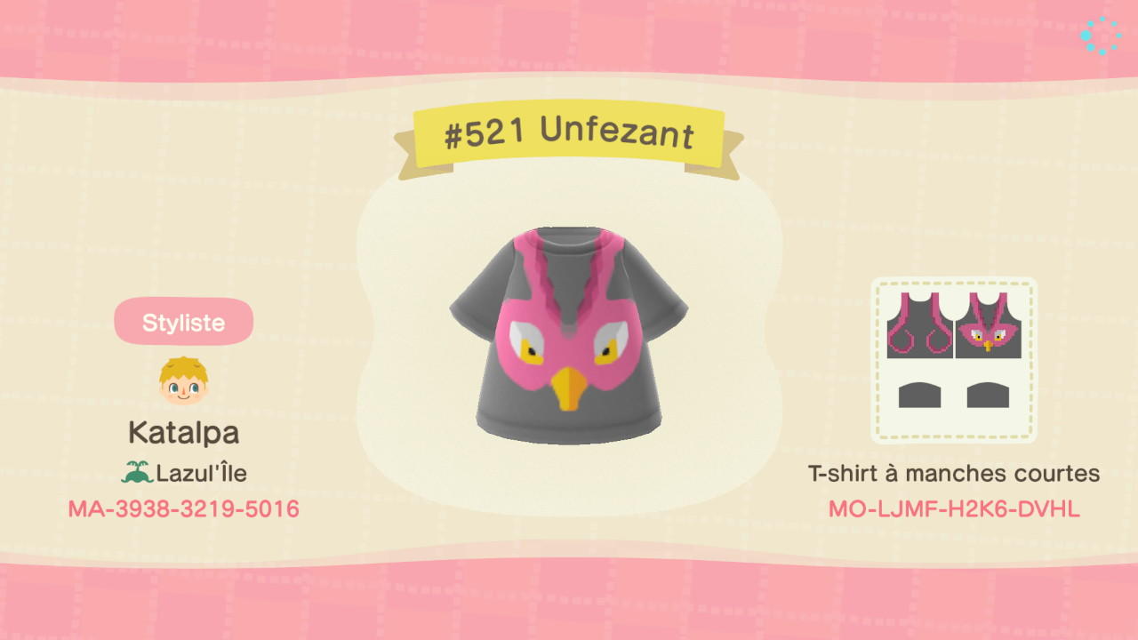 Animal Crossing Design Code: MO-LJMF-H2K6-DVHL #521 Unfezant