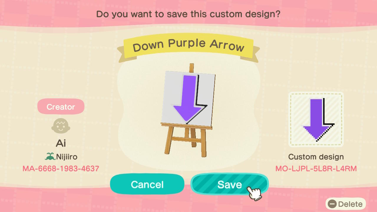 Animal Crossing Design Code: MO-LJPL-5L8R-L4RM Down Purple Arrow