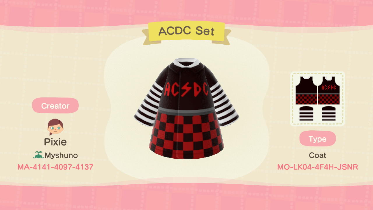 Animal Crossing Design Code: MO-LK04-4F4H-JSNR ACDC Set