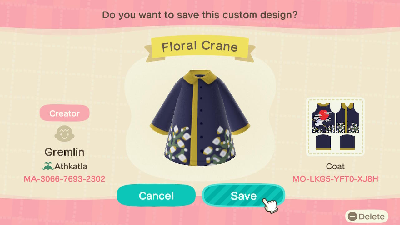 Animal Crossing Design Code: MO-LKG5-YFT0-XJ8H Floral Crane