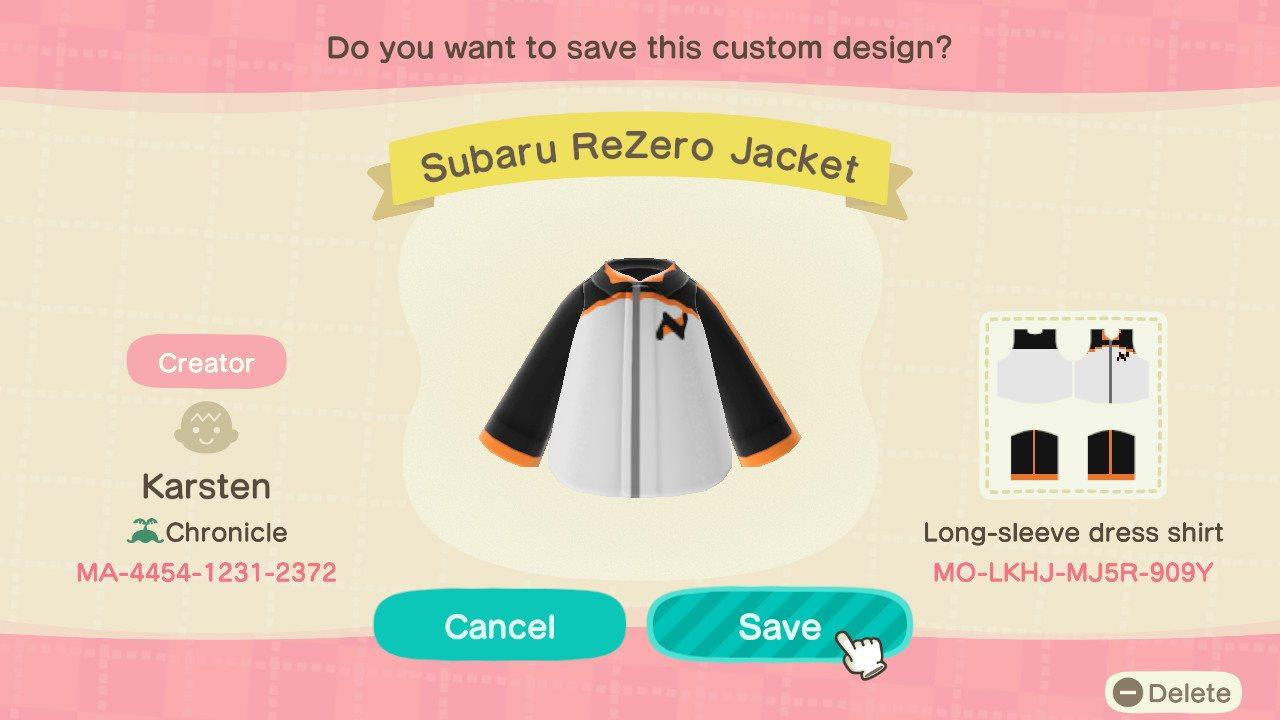 Animal Crossing Design Code: MO-LKHJ-MJ5R-909Y Subaru ReZero Jacket