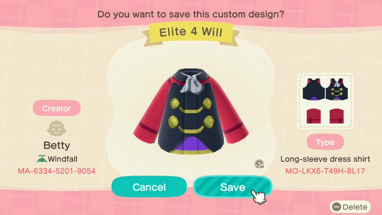 Animal Crossing Design Code: MO-LKX6-T49H-8L17 Elite Four Will