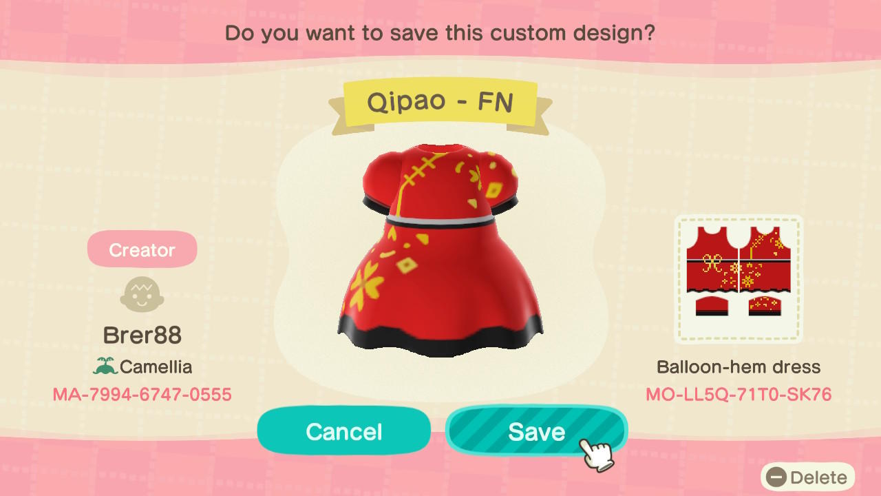 Animal Crossing Design Code: MO-LL5Q-71T0-SK76 Fire Nation - Qipao