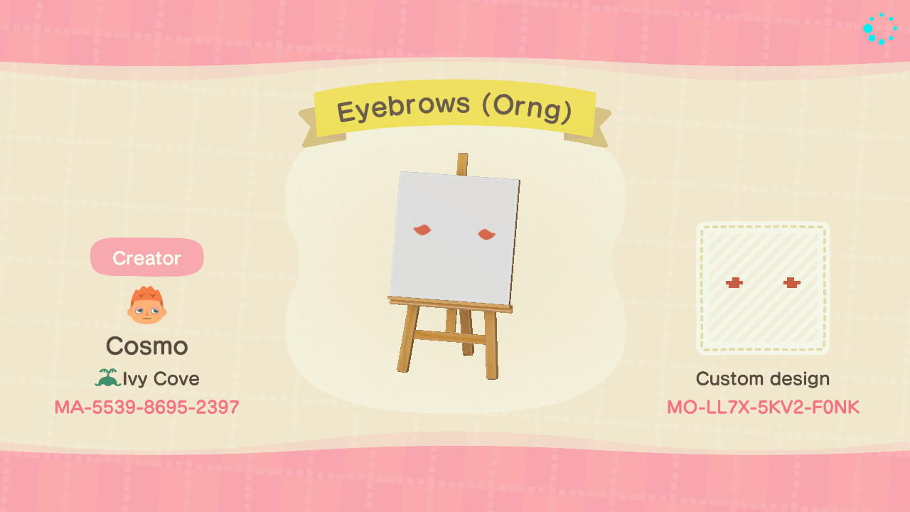 Animal Crossing Design Code: MO-LL7X-5KV2-F0NK Eyebrows (Orng)