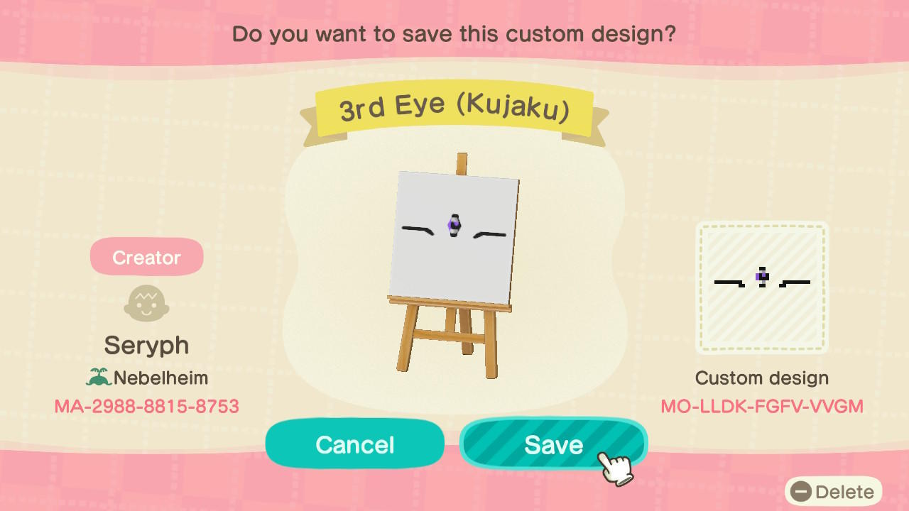 Animal Crossing Design Code: MO-LLDK-FGFV-VVGM RG Veda Third Eye
