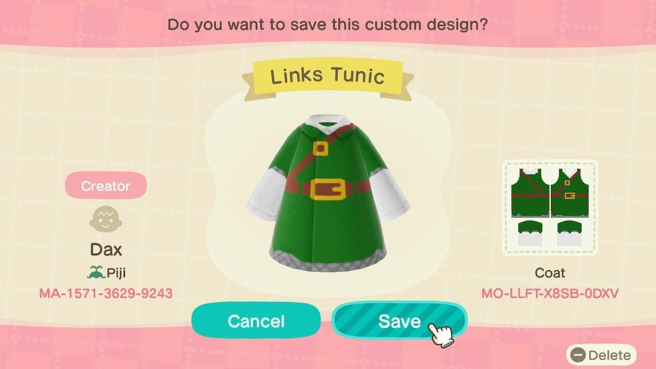 Animal Crossing Design Code: MO-LLFT-X8SB-0DXV Links Tunic